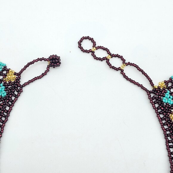 Huichol Beaded Collar Necklace| Handmade Purple, Turquoise & Gold – New from Mex - Picture 3 of 16